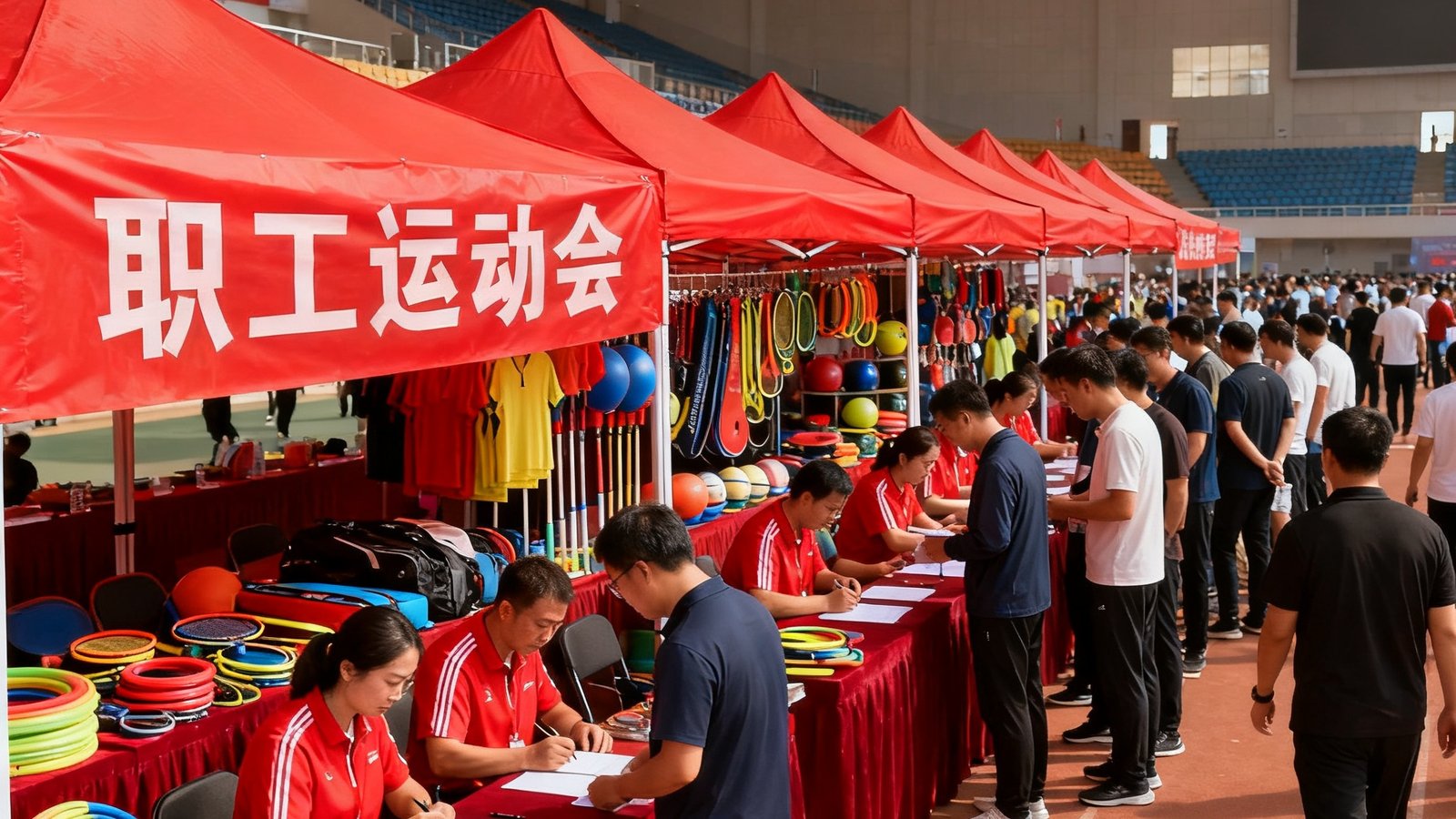大型企业职工运动会现场，红色帐篷展台整齐排列，横幅飘扬，运动器材和统一服装有序摆放，数百名参与者正在签到入场