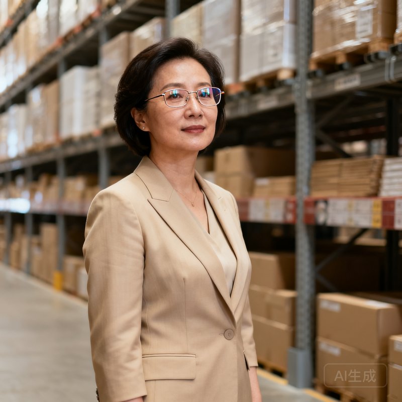 供应链副总裁李敏，一位四十岁左右的干练女性，戴细框眼镜，穿着米色职业套装，站在仓储中心货架前