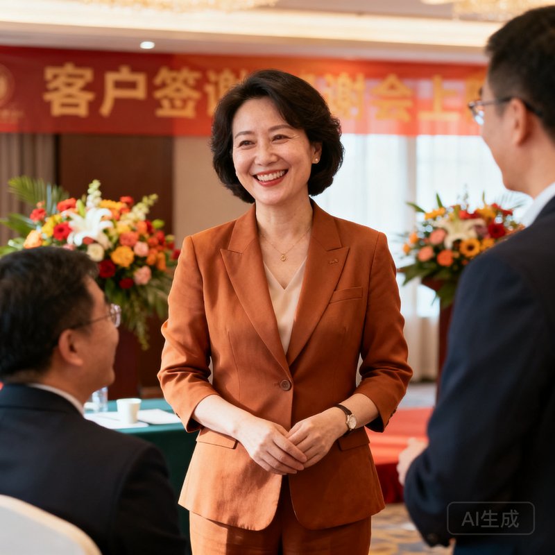 客户服务总监陈芳，四十五岁左右，亲和力强，穿着暖色调职业装，在客户答谢会上与来宾交流，笑容温暖真诚